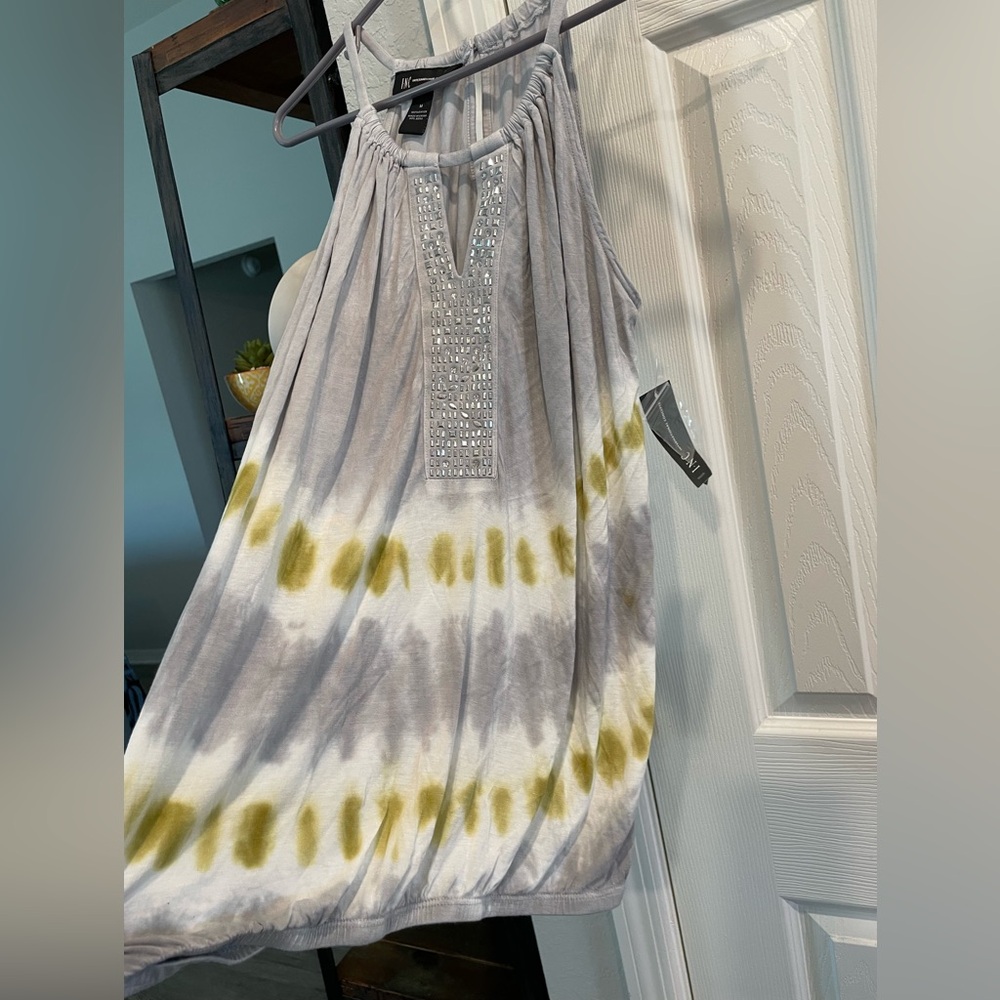 INC International concepts gray white yellow tie dye Ombre stretch hem tank top